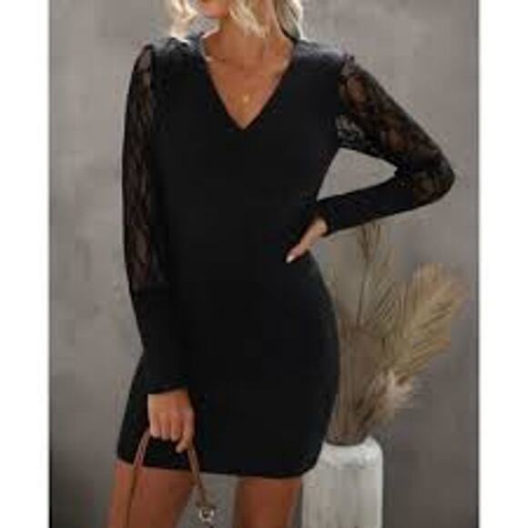 The CURATED CLOSET Lace Sleeve Sweater Dress in Black Size Small S - Picture 2 of 7